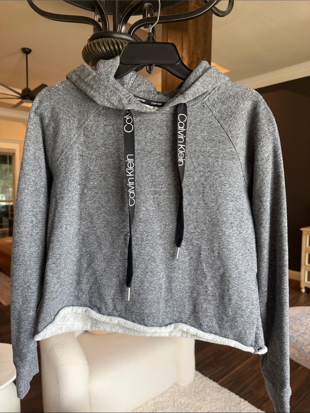 Calvin Klein Heather Gray Cropped Pullover Hoodie with Logo Drawcords